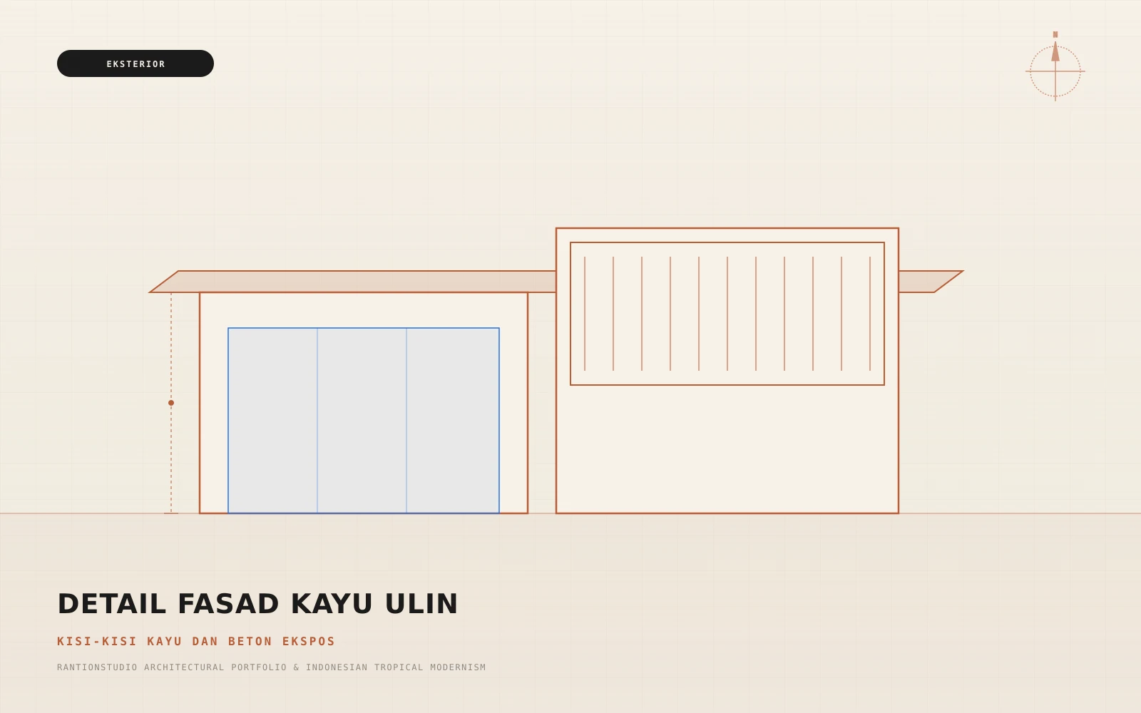 Fasad depan kombinasi beton ekspos dan kisi kayu ulin